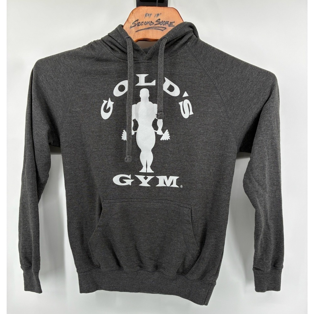 Golds Gym Mens Medium Hoodie Charcoal Gray Raglan Logo Pullover Sweatshirt M - Picture 2 of 7